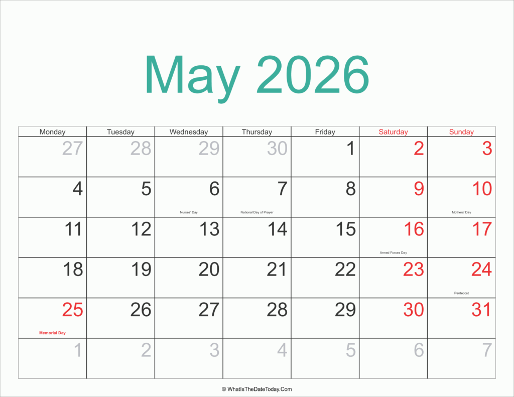 May 2026 Calendar Printable With Holidays Whatisthedatetoday Com