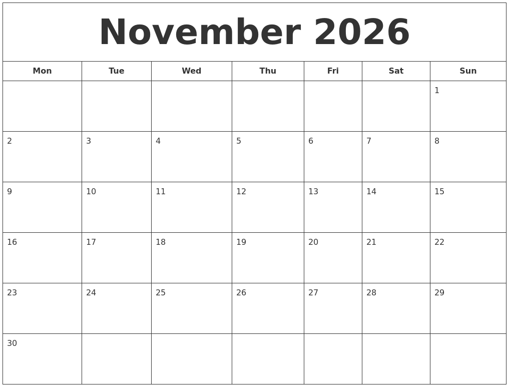 November 2026 Printable Calendar