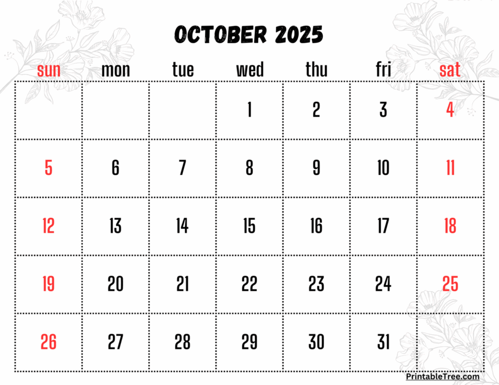 October 2025 Calendar Printable PDF Template With Holidays