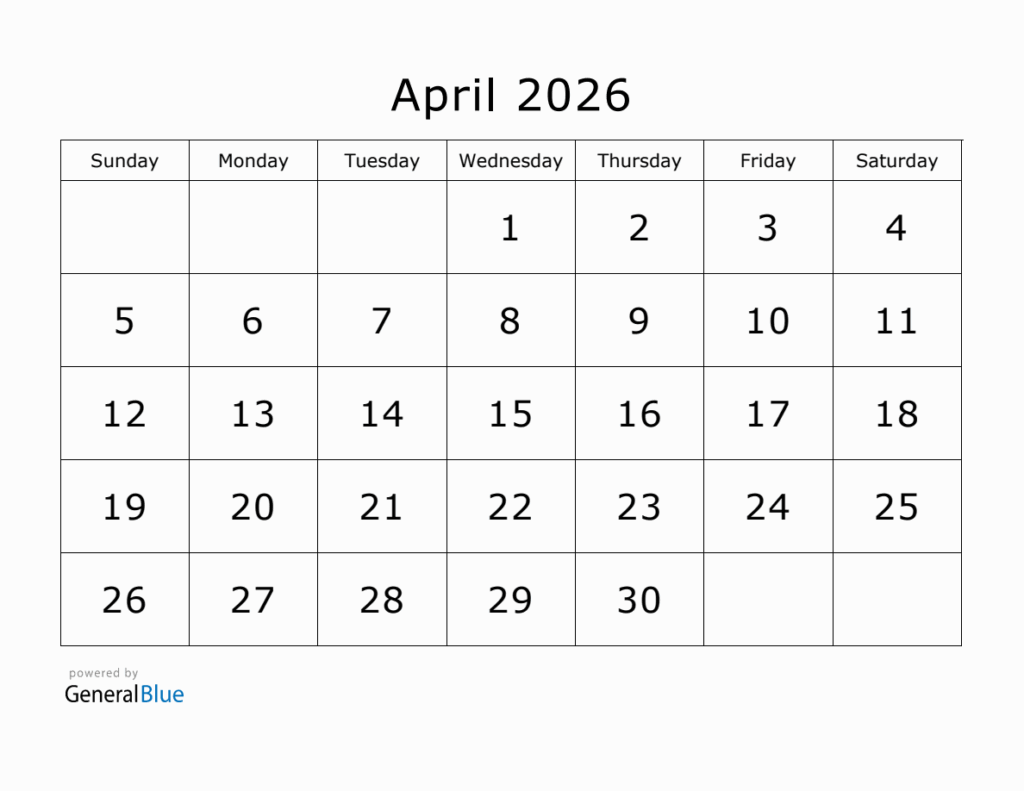 Printable April 2026 Calendar