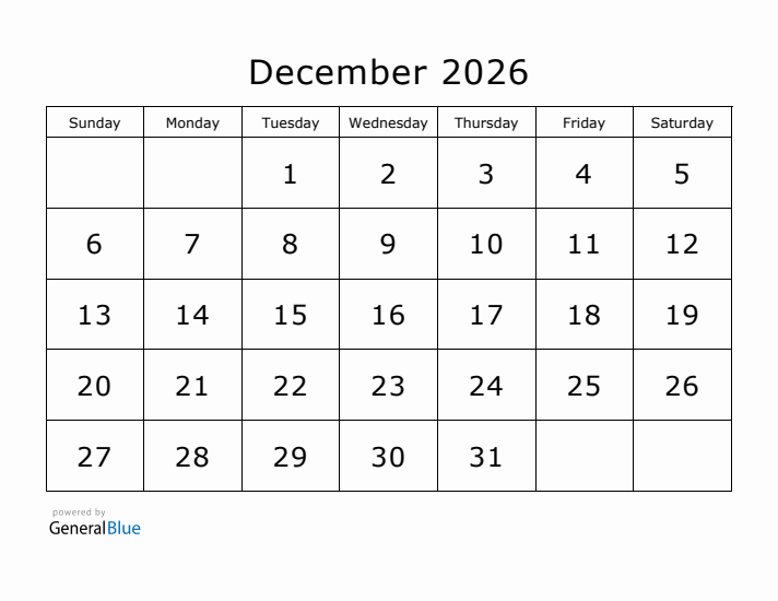 Printable December 2026 Calendar
