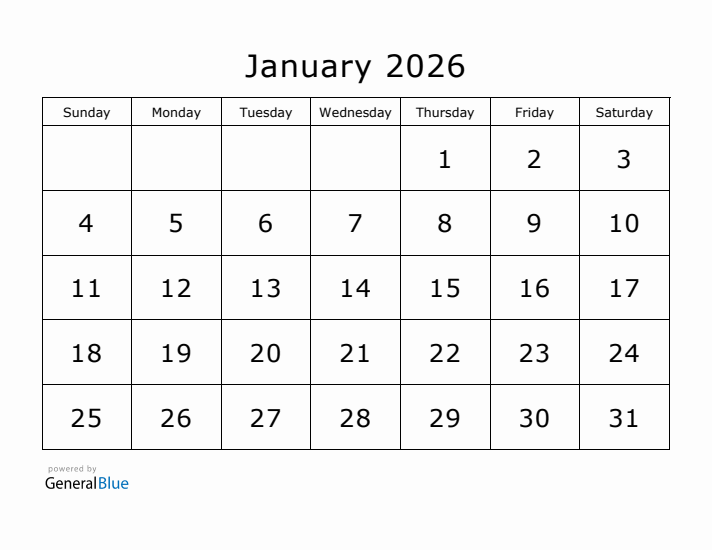 Printable January 2026 Calendar