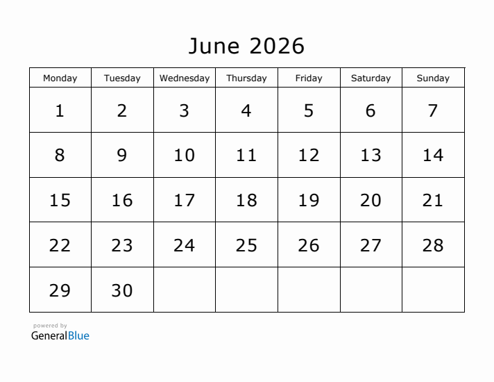 Printable June 2026 Calendar