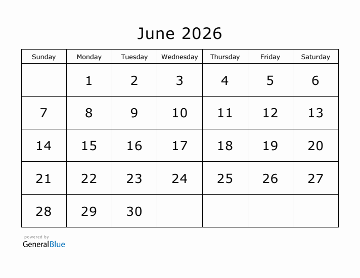 Printable June 2026 Calendar