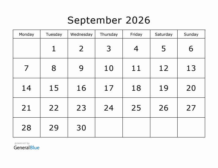 Printable September 2026 Calendar