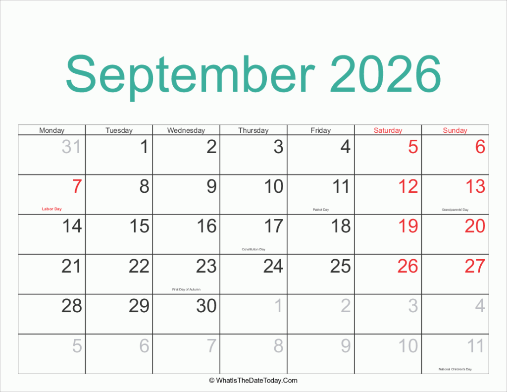 September 2026 Calendar Printable With Holidays Whatisthedatetoday Com