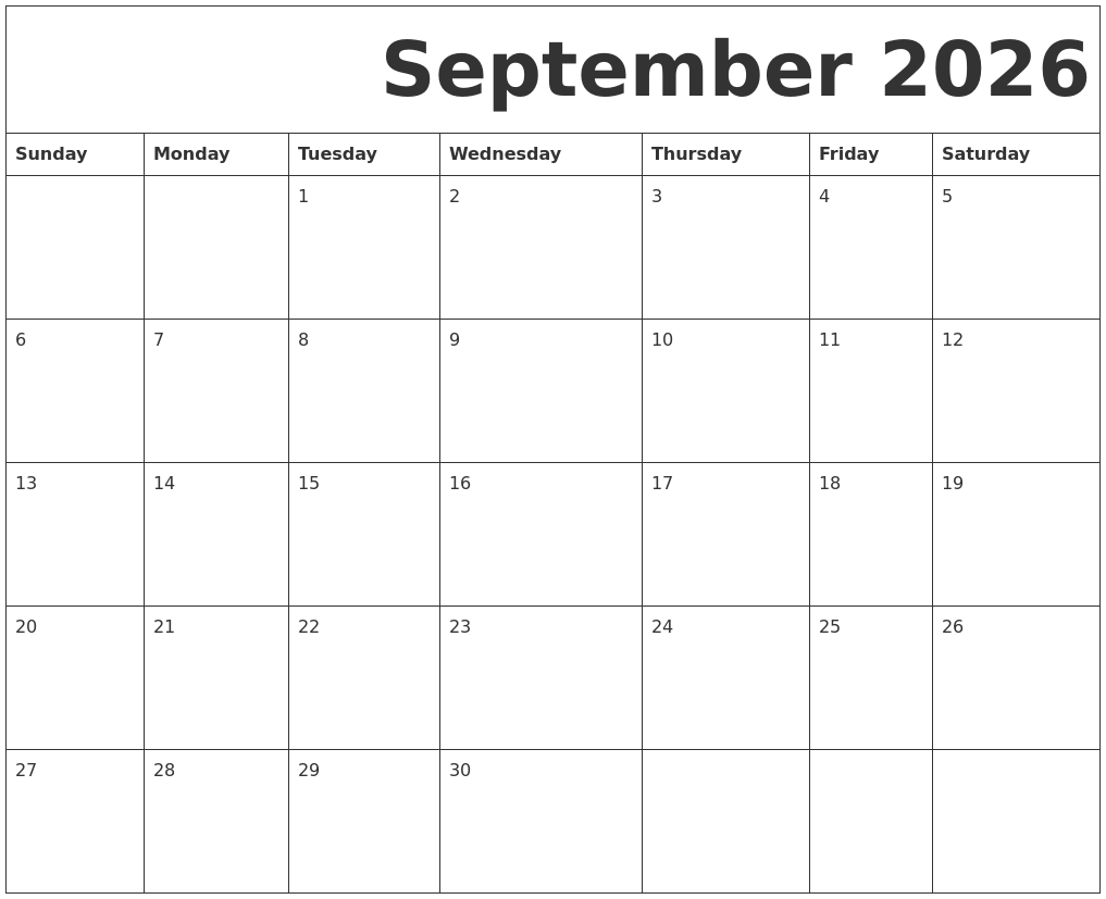September 2026 Free Printable Calendar