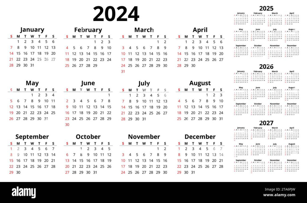 Vector 2024 2025 2026 2027 Horizontal English Calendars Simple 