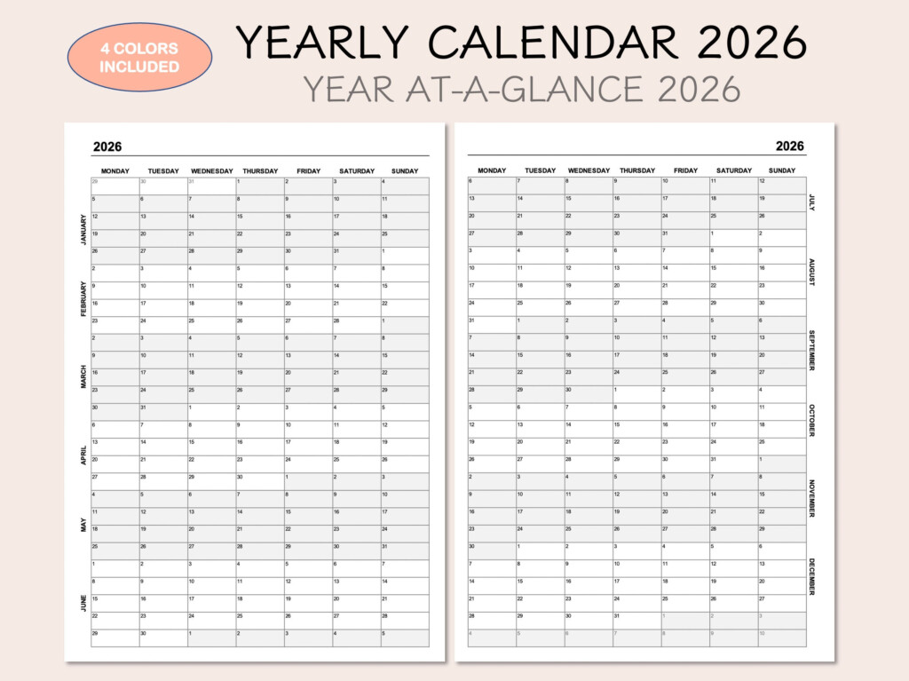 Yearly Calendar 2026 Printable Calendar 2026 Year At A Glance 2026 